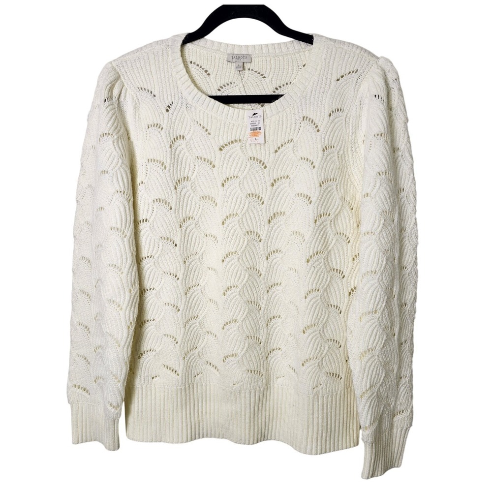 NWT‎ Talbots L Ivory Wool Blend Sweater Pointelle Long Sleeve Crew Neck Pullover